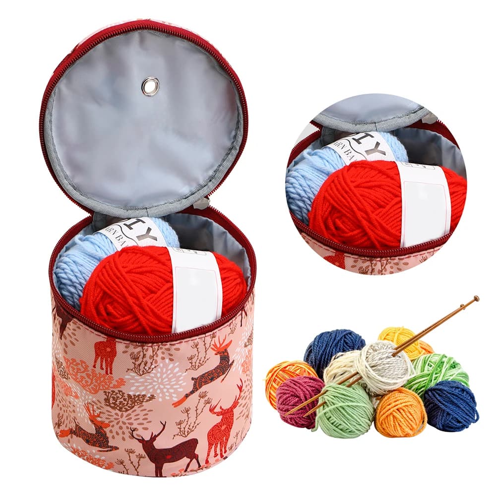 Borsa Portaoggetti con Stampa Cervo, Custodia Rotonda per Lavori a Maglia, Organizer per Uncinetti, Aghi e Lana, Borsa Portatile per Artigianato Fai-da-Te