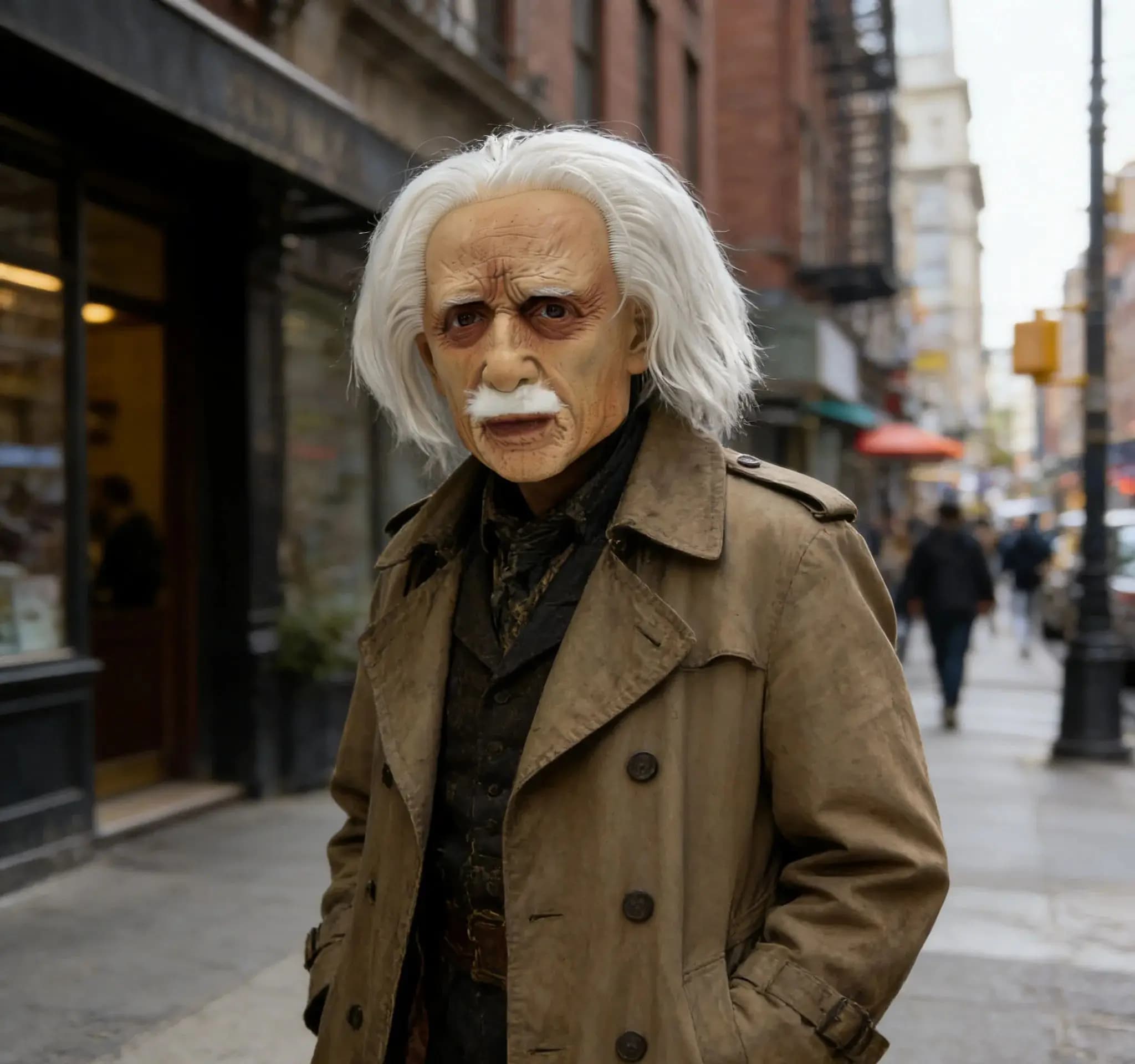 Iconica Maschera Cosplay Stile Einstein – Pelle Realistica con Rughe, Capelli Bianchi e Barba – Perfetta per Eventi a Tema Scientifico