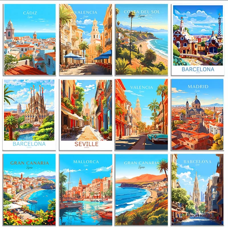(2D Canvas Painting) Spain Travel Paris Gran Canaria Barcelona Madrid Granada Poster Diamond Painting Wall Art Picture for Li