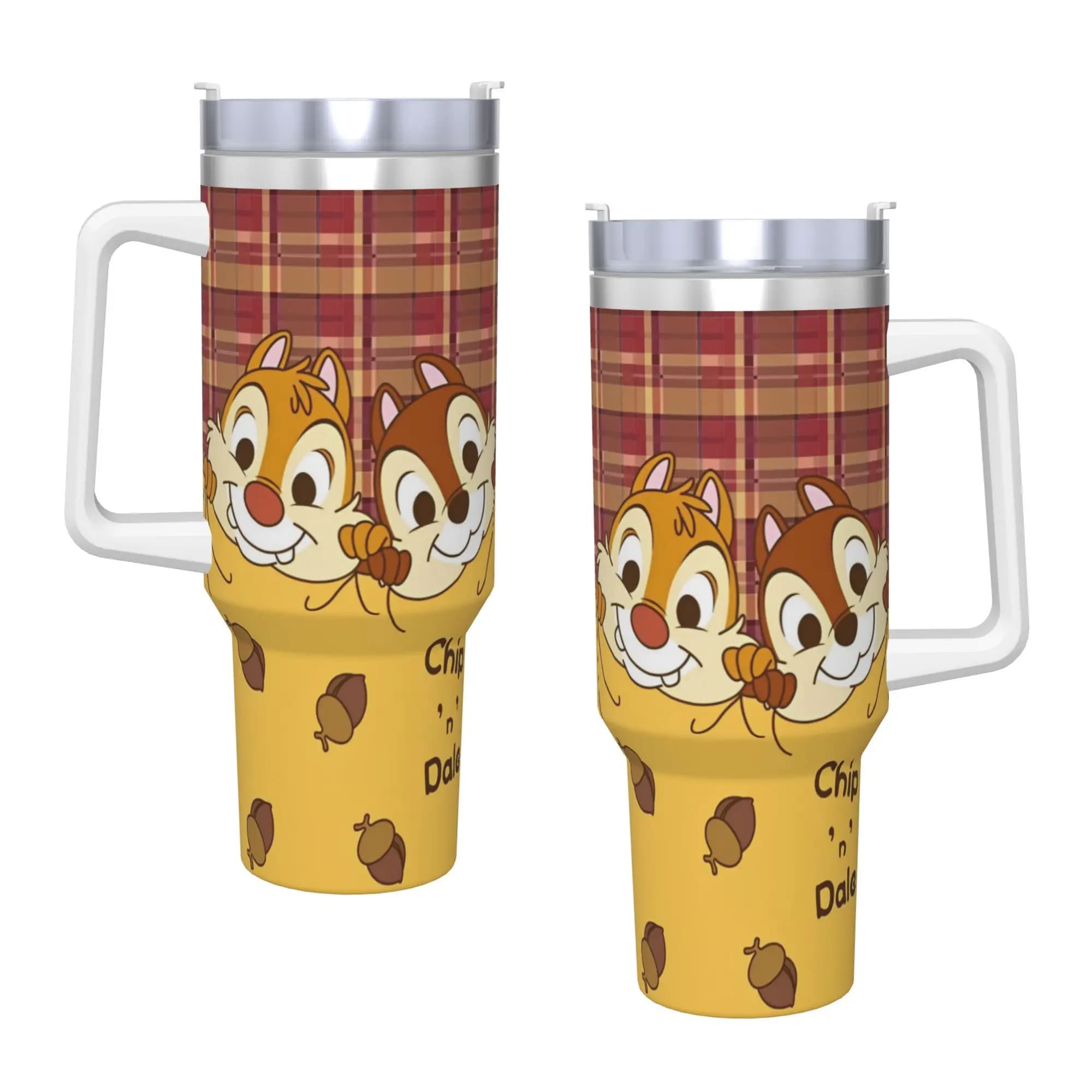 Tazza Termica in Acciaio Inox con Disegno Chip e Dale, Bottiglia per Bevande Calde e Acqua con Cannuccia