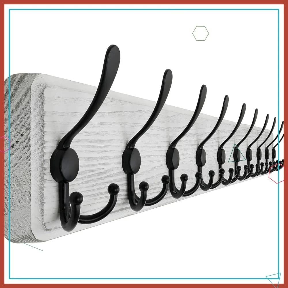Appendiabiti Rustico in Legno Resistente da 38,3'' con 10 Ganci Tripli per Montaggio a Parete, Bianco Anticato