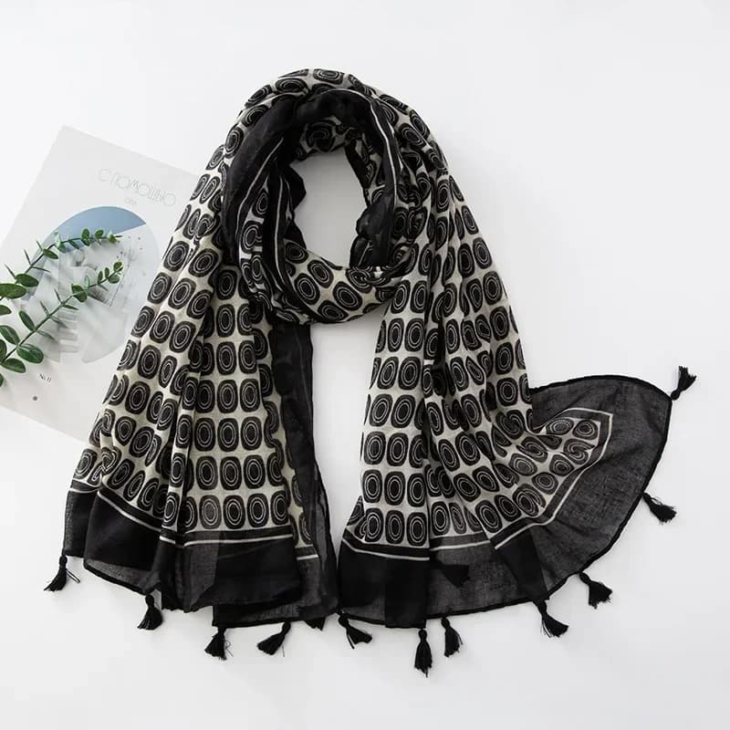 Sciarpa con frange in voile con stampa geometrica - Scialle di protezione solare vintage per donna, avvolgente alla moda da viaggio