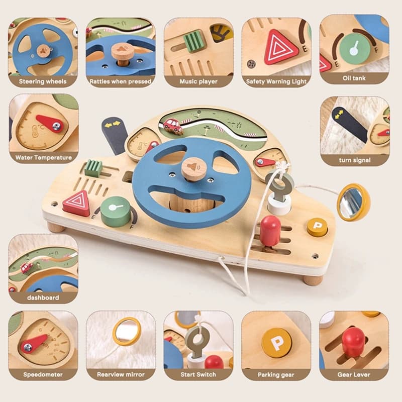 Giocattoli Montessori per bambini Volante in legno Tavola occupata Giocattolo per auto sensoriale in legno Giocattolo per bambini in età prescolare Regalo per l'educazione precoce