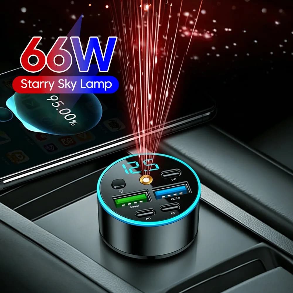 Caricabatterie da auto 66W a 5 porte (22.5W USB-A + 15W USB-A + 3x Type-C PD 15W) con ricarica rapida e proiettore Starlight per cellulari