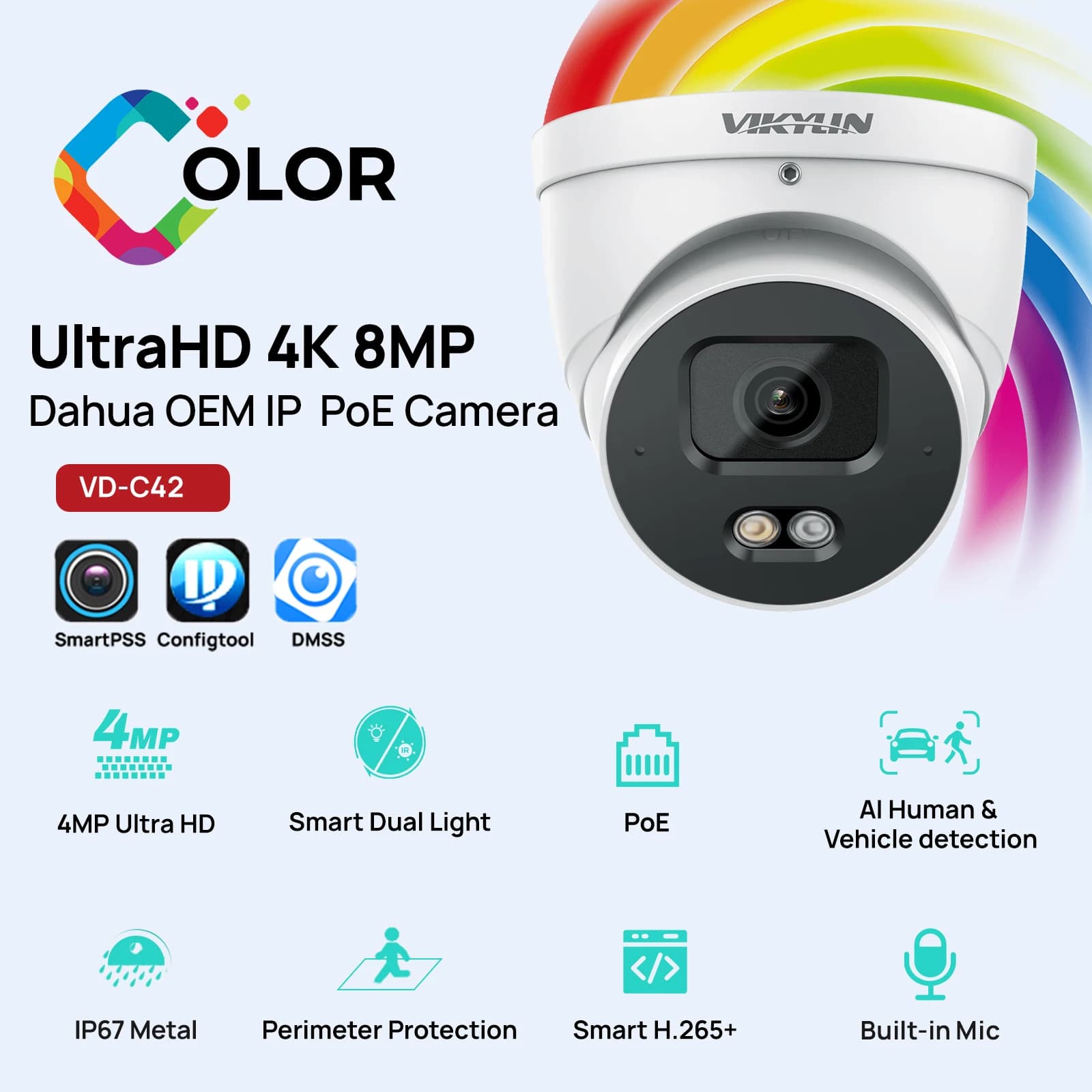 Telecamera di Sicurezza IP VIKYLIN 4MP IVS con Doppia Luce Intelligente, Microfono Integrato, Rilevamento Movimento Smart, per Esterni, Supporto Onvif, IP67, Scocca in Metallo