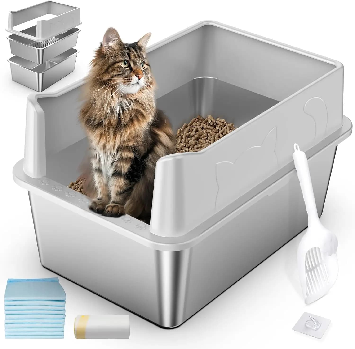 Lettiera per Gatti in Acciaio Inossidabile con Coperchio, 60x40x33 cm, Anti-Perdita, Facile da Pulire, per Gatti di Taglia Grande, Ideale per Pellet di Pino