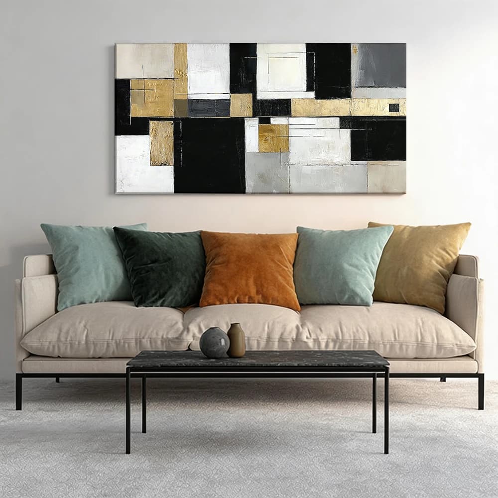 Painted on canvas with large wooden frame, 1 piece, wall decoration, black white gold.