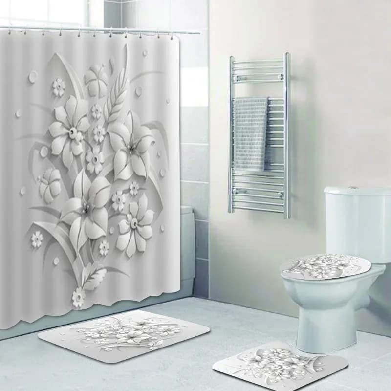 Elegant Bouquet of fantastic white flowers 3D style shower curtain bathroom with bath mat Set of carpets decorations for the house floral