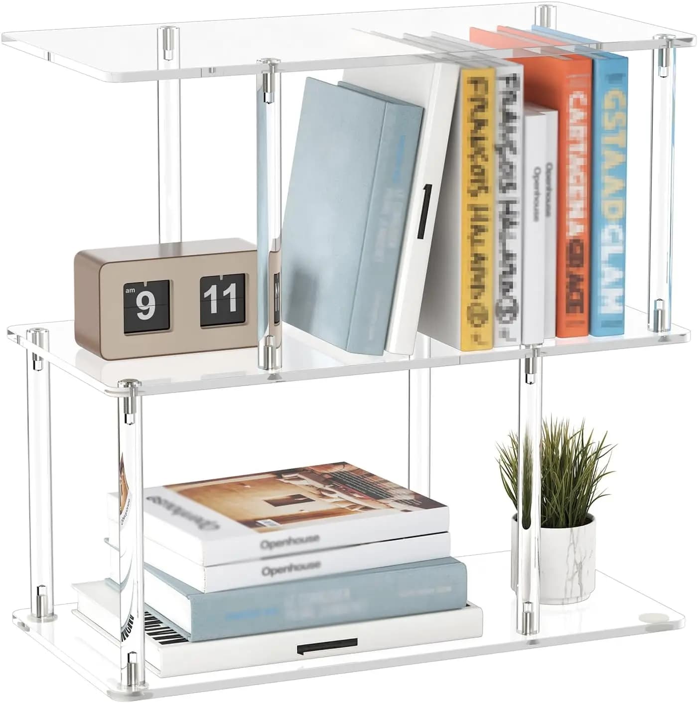 Clear Acrylic Desktop Bookshelf, 3-Tier S-Shaped, 15.7"W x 7.9"D x 15.3"H, Space-Saving Shelf Organizer for Home Office, Easy Assembly