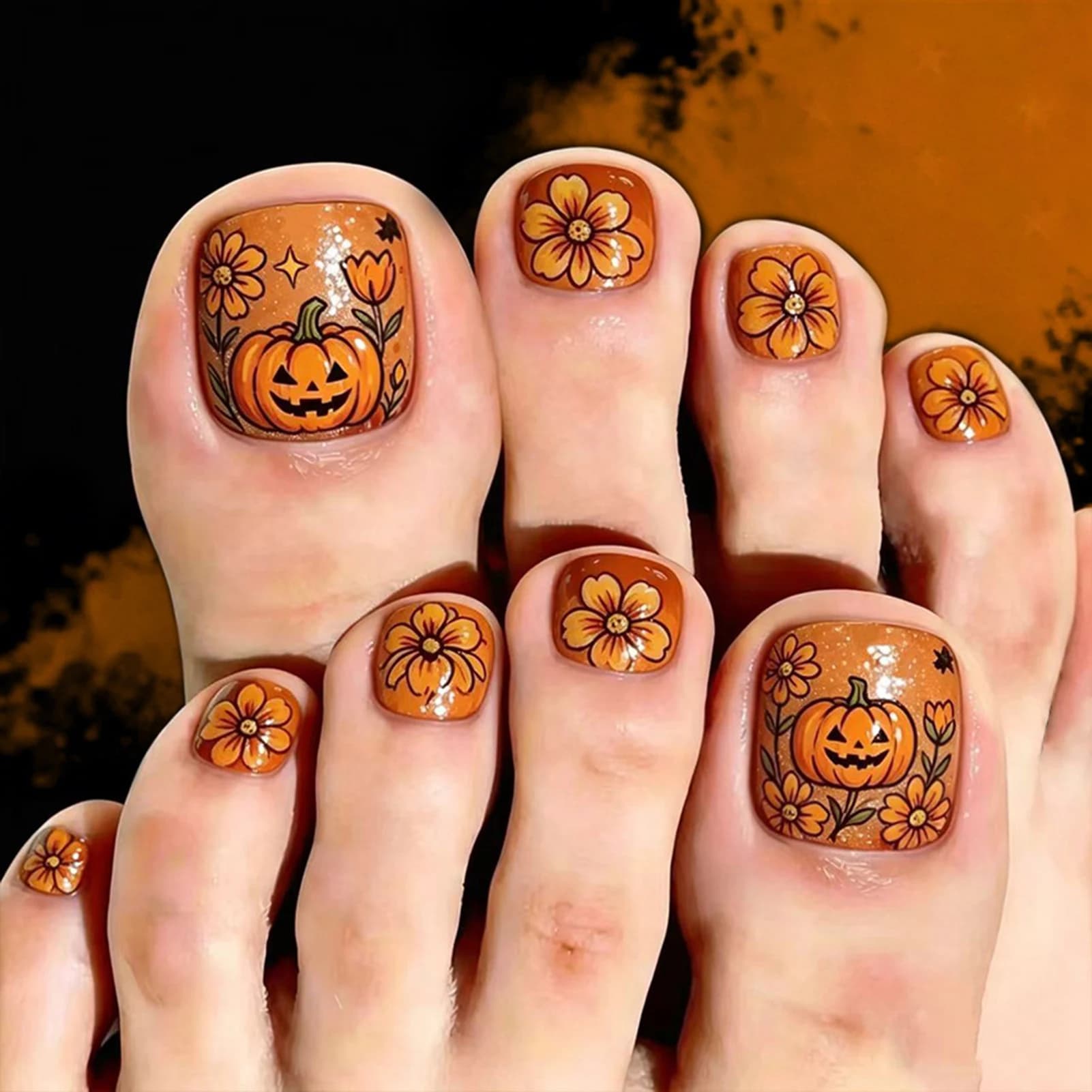 Cute Press on Toe Nails Pumpkin Glitter False Toenails for Halloween Party Autumn Women's Resin Nail Art Accessories