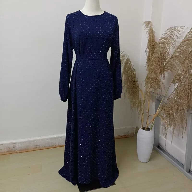 Elegant Abaya Dress with Rhinestones, Round Neck and Dubai Muslim Women's Belt