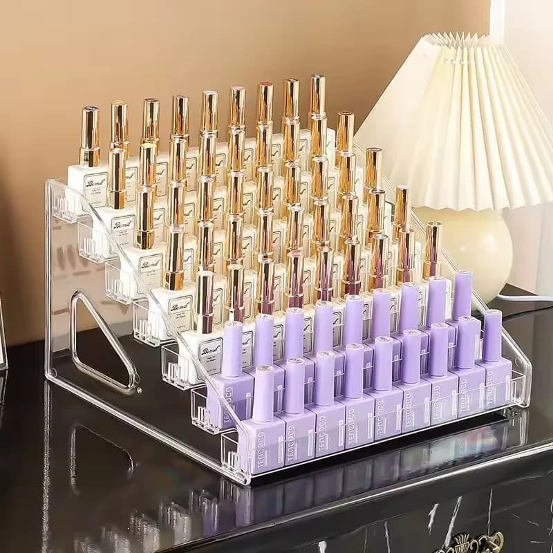 Exhibitor table for transparent acrylic perfumes, multi-level shelf, tray for cosmetics, lipsticks and umbrellas