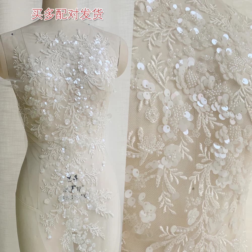 Applicazione in pizzo con perline di paillettes bianco sporco per sposa, abito da sposa, abbigliamento per bambini, fai da te sul petto e sul retro, fiore decorativo in pizzo