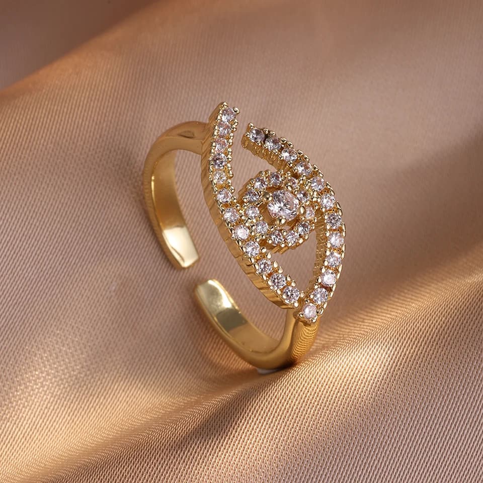 ZAKOL Moda Turchia Evil Eye Zircone intarsiato Anelli aperti regolabili Nastro color oro Anello estetico Gioielli per feste Anelli Mujer
