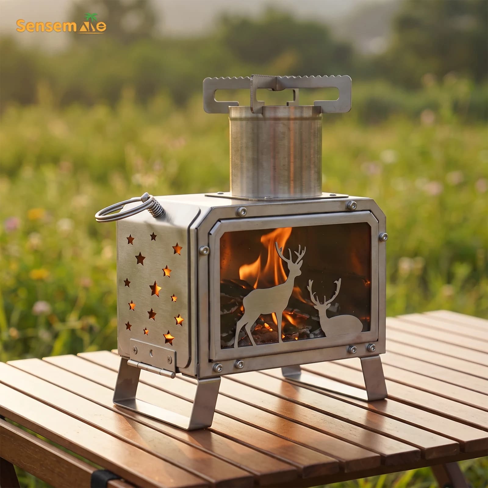 Portable Camping Wood Stove Mini with Glass Window Stainless Tabletop Fire Pit for Outdoor Cooking Heating Wood Burning Stove