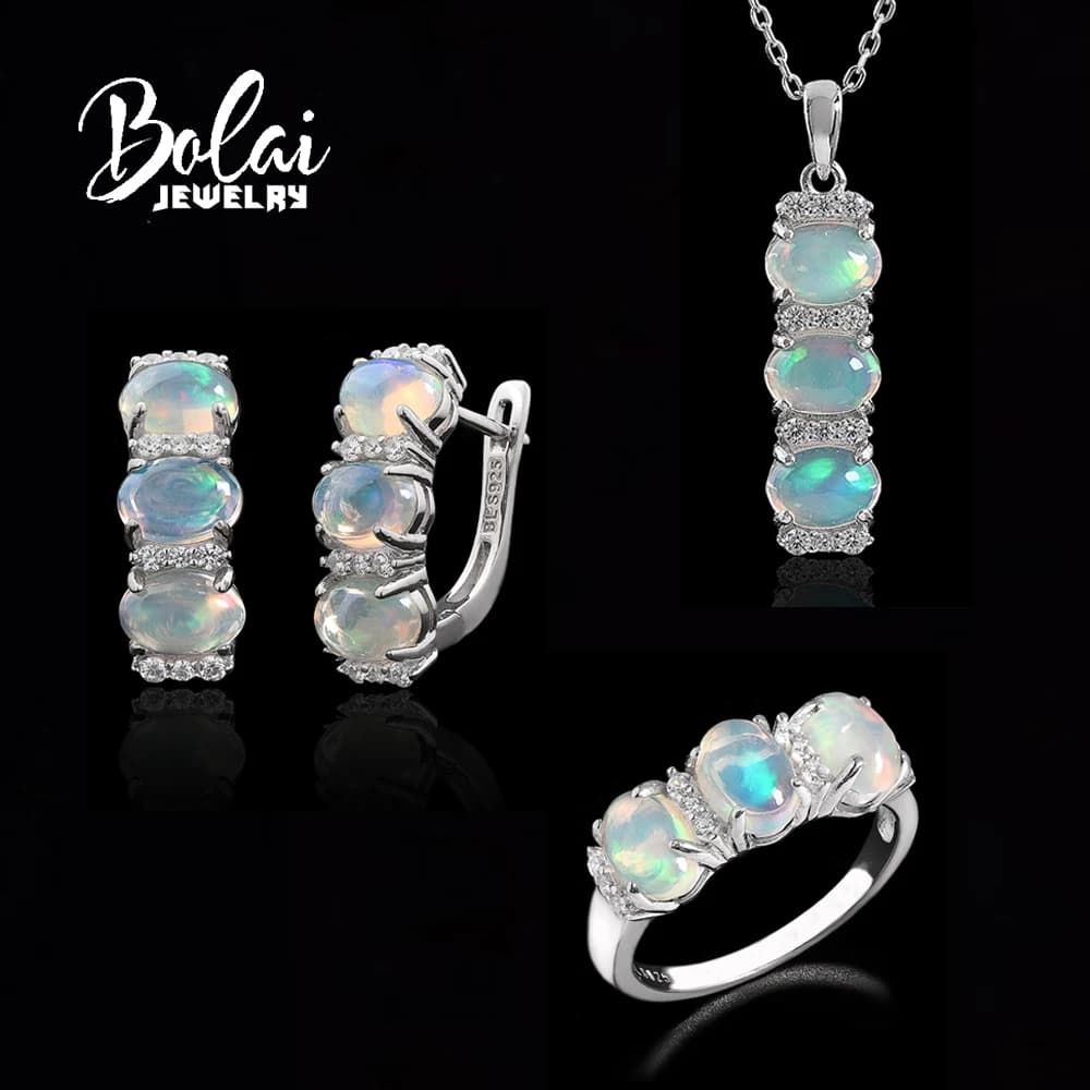Set di gioielli in opale naturale di lusso leggero con ciondolo, collana, orecchini e anello in argento S925 per donne e ragazze, regalo di gioielleria raffinata.