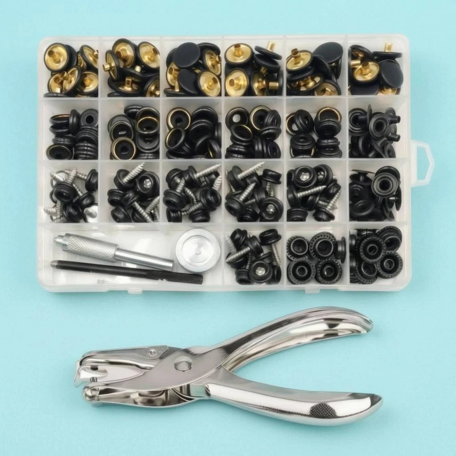 Snap Button Tool Set Heavy Duty Sewing Hardware Kit with Clear Storage Box for Furniture Cover Repairs