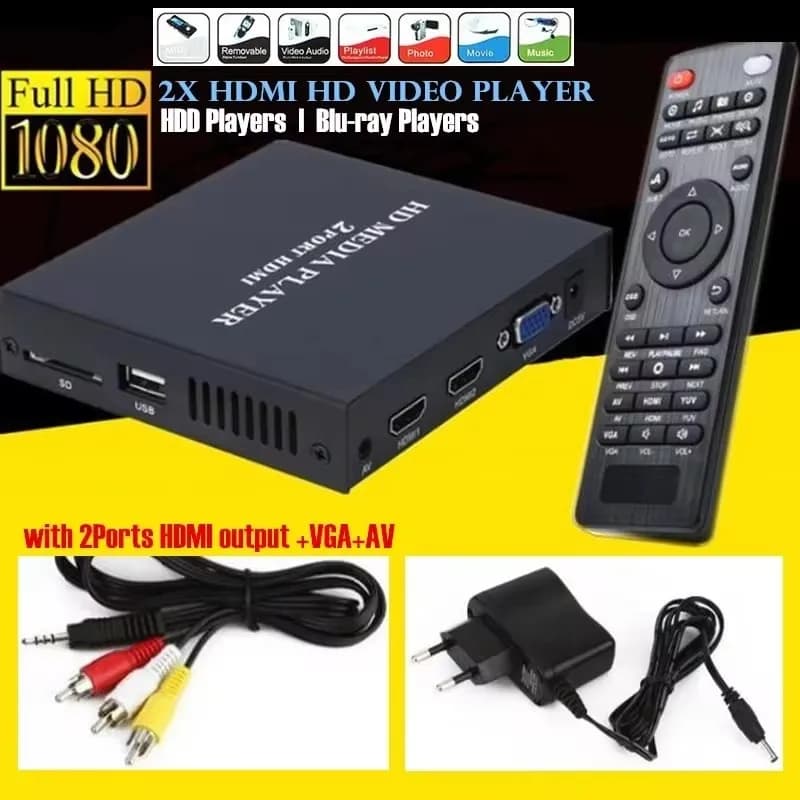 Mini Full HD 1080P USB esterno HDD Player Host Support MKV AVI U Disk SD MMC 2xHDMI Media Video Player IR Remote blu-ray Player