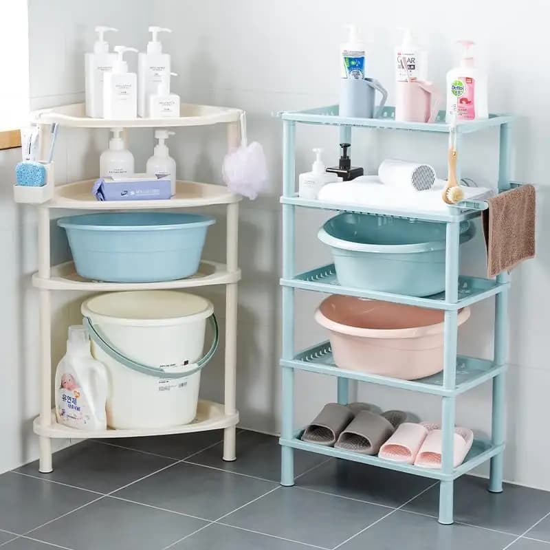 Bathroom Plastic Storage Rack Floor Standing Shower Room Cosmetic Organizer Multi-Layer Toilet Paper Holder Cream Style