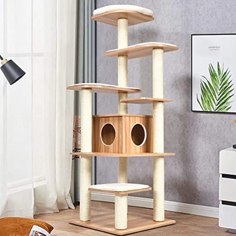 Albero per Gatti Alto 69 Pollici, Moderno Tiragraffi con Corda di Sisal, Struttura in Legno con Piattaforme Multilivello, Cuccia per Gatti