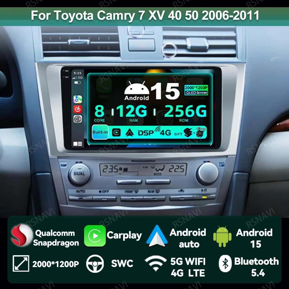 Autoradio Android 15 Per Toyota Camry 7 XV 40 50 2006-2011 QLED Autoradio Viedo Lettore Qualcomm Wireless Carplay Auto BT GPS DSP