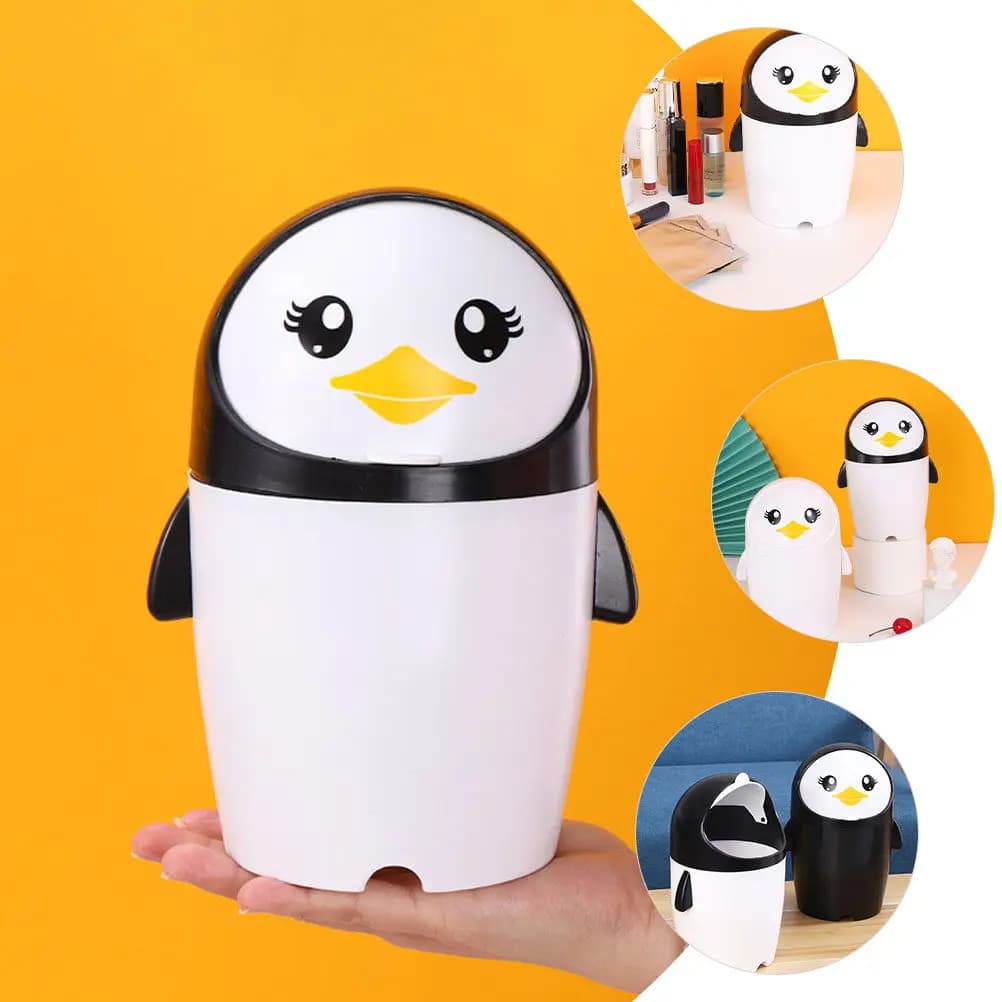 Cestino per Rifiuti Compatto a Forma di Pinguino con Coperchio Ribaltabile, Mini Cestino per Ufficio, Auto, Casa, Scrivania, Piccolo Contenitore per Rifiuti Kawaii