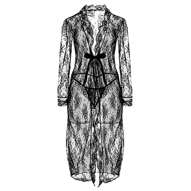 Set Lingerie Sexy da Donna: Vestaglia Lunga, Sottoveste e Camicia da Notte Trasparente con Scollo a V in Pizzo