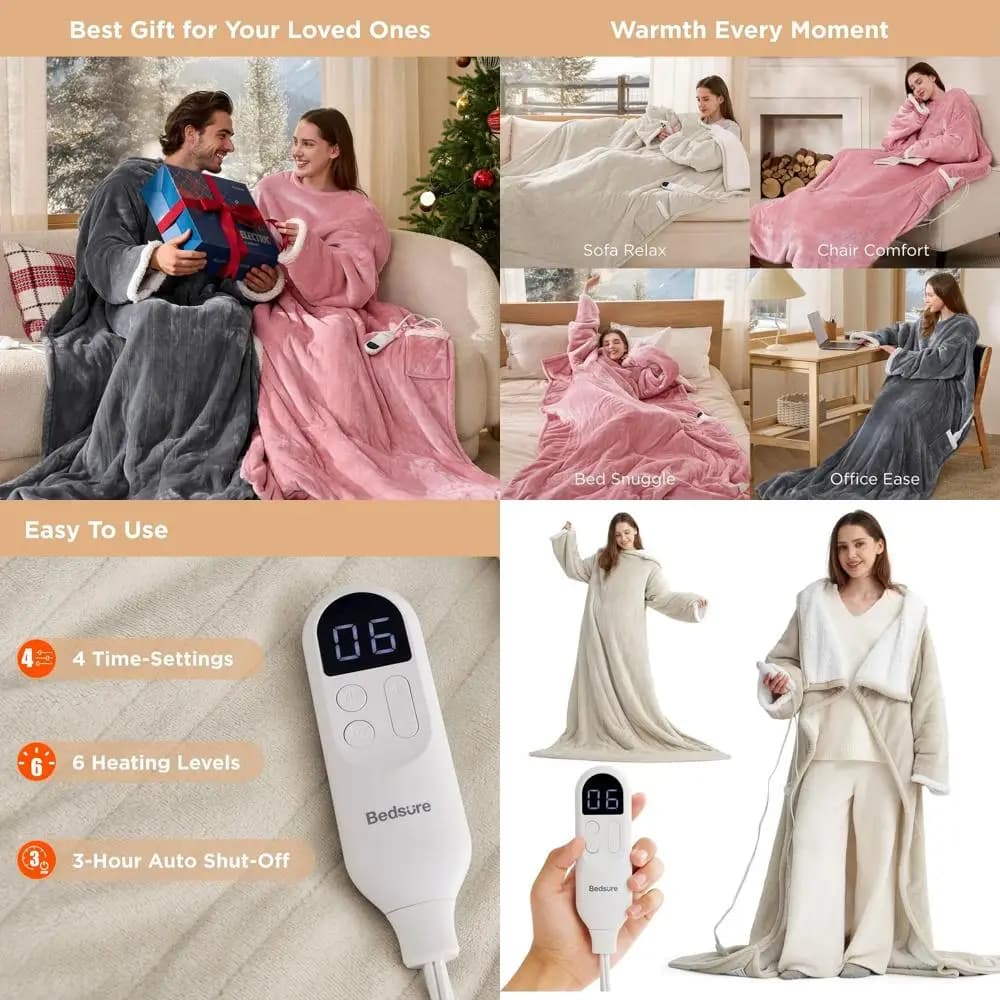 Coperta Sherpa riscaldata elettrica con tasca per i piedi per adulti, regalo invernale accogliente, funzione di spegnimento automatico, crema, 50 x 71 + 18