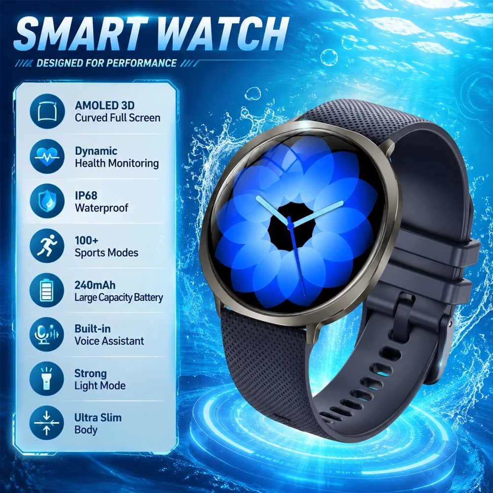 NEW Round Curved 1.32 Screen Smart Watch Health Monitoring 100+Sports Modes IP68 Waterproof Flashlight Health Smartwatch Men