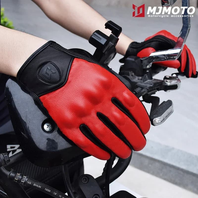 Guanti da moto vintage in pelle di capra Touchscreen a dita intere, protezione per le nocche in fibra di carbonio Guida traspirante certificata CE