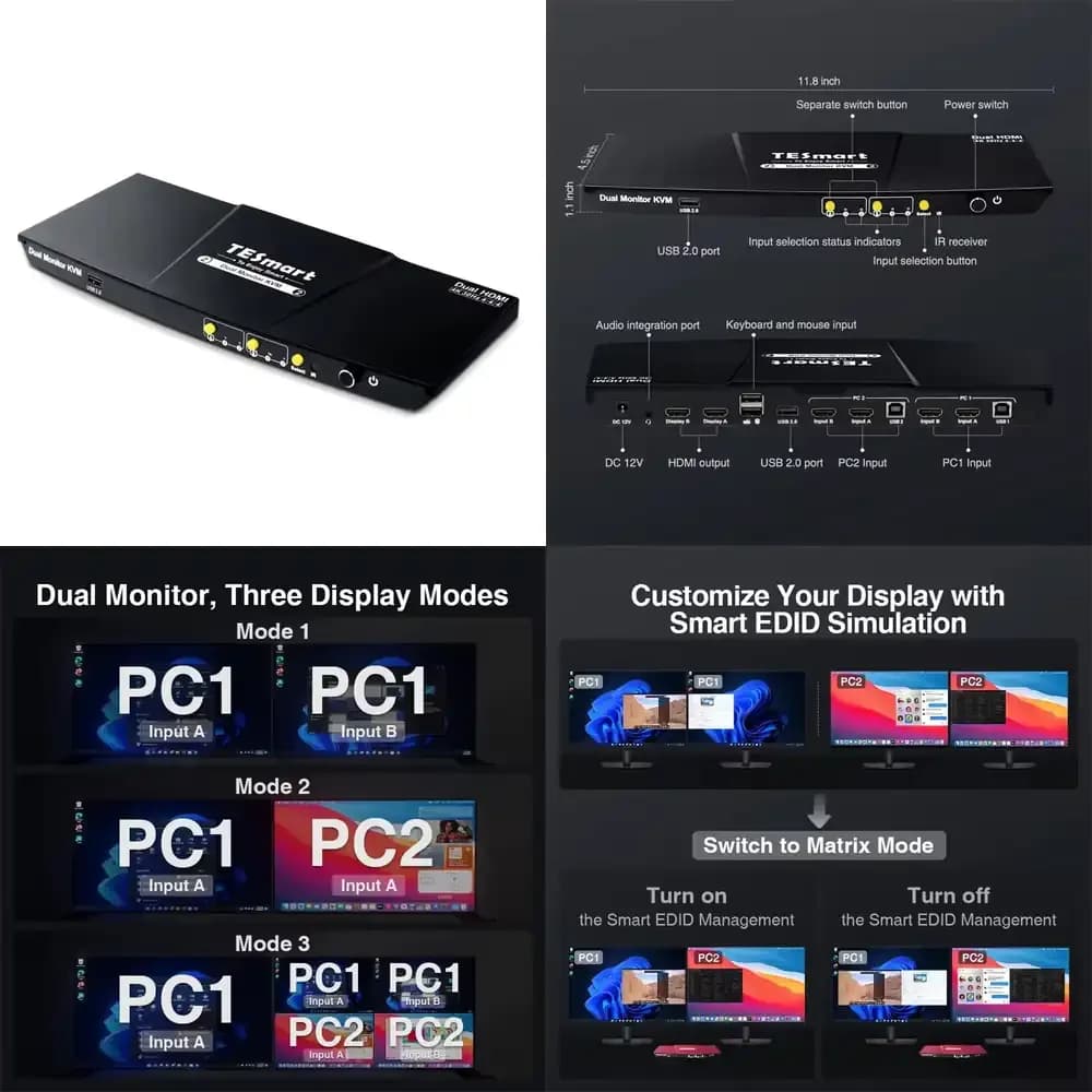 TESmart 2x2 per Switch KVM Matrix Box 2 Porte 4K 30Hz Hub USB 2.0 Commutatore Video Doppio PC per Raspberry Pi EDID