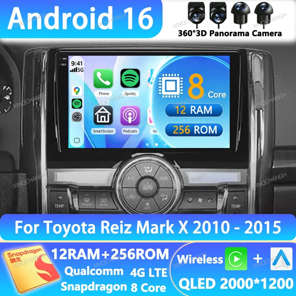 Android 16 Car Radio For Toyota Reiz Mark X 2010 - 2015 BT GPS 4G WIFI Head Unit 2DIN QLED Multimedia Video Player Qualcomm BT
