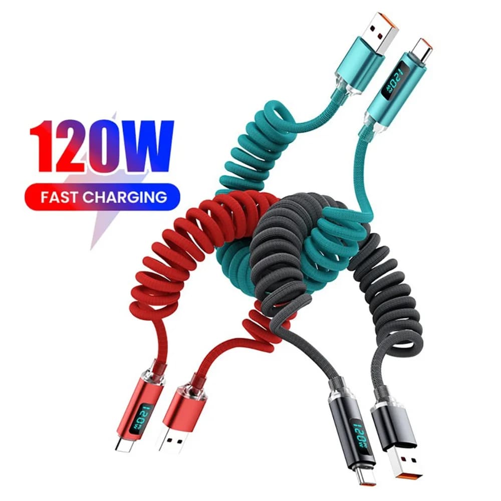 Cavo di ricarica a molla USB da 120 W Cavo dati di tipo C Cavo di ricarica rapido per telefoni cellulari PD per iPhone Samsung Xiaomi Cavo di ricarica LED