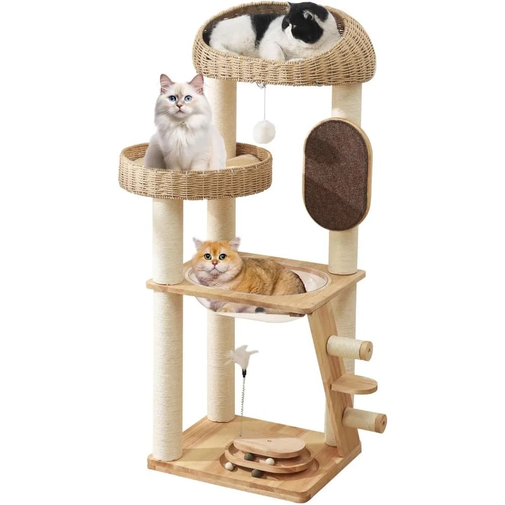 Torre moderna per albero per gatti con capsula spaziale, nido per cestini intrecciati a mano, pali in sisal e tiragraffi, resistente da 50 pollici