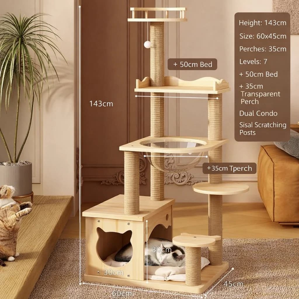 Albero per Gatti in Sisal Naturale con Cuccia Accogliente, Torre per Arrampicarsi, Tiragraffi e Piattaforma Gioco per Gatti da Interno, per Esercizio e Affilatura delle Unghie