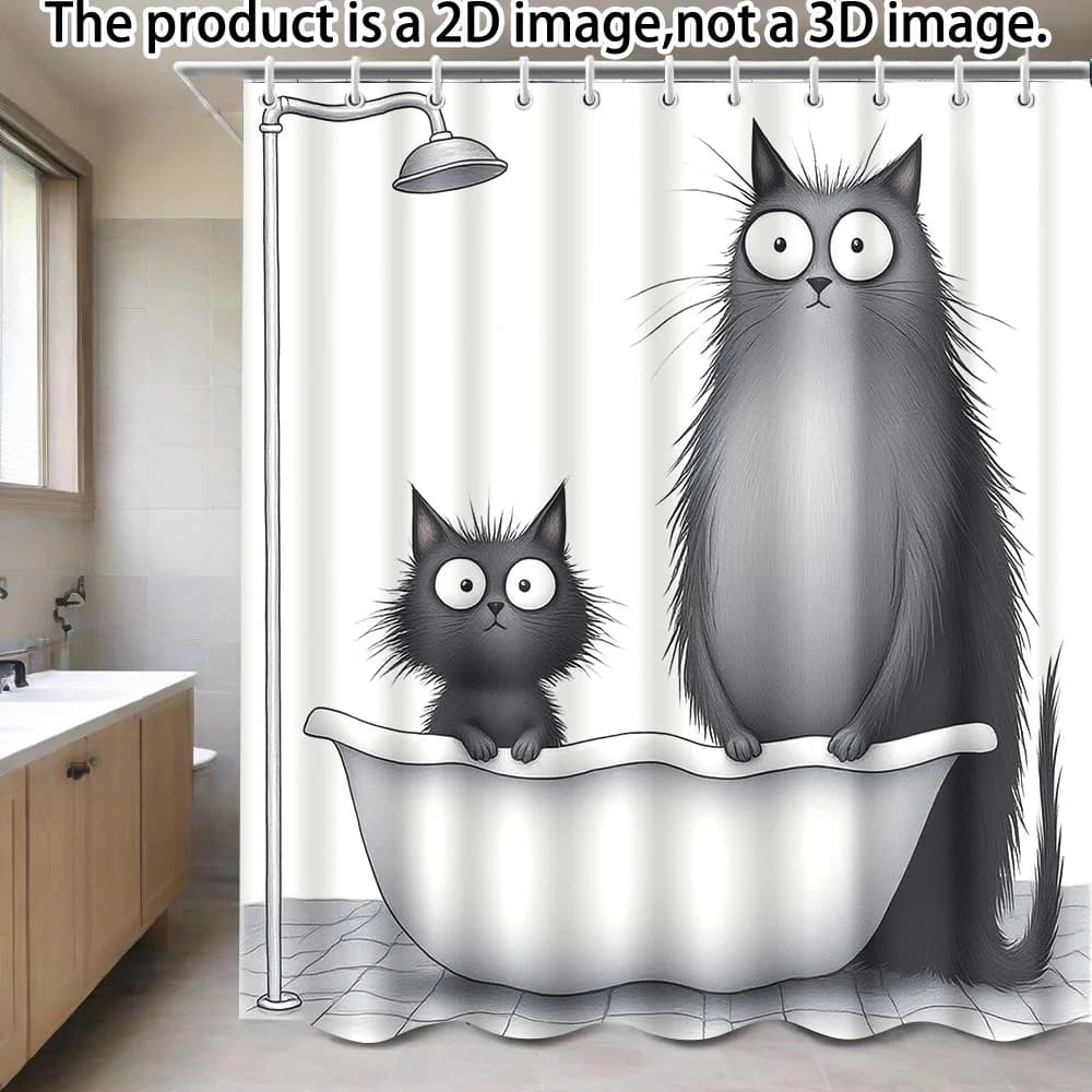 1 tenda da doccia con due gatti spaventati nel bagno, disegno a fumetti in bianco e nero, inclusi 12 ganci, 180 X 180 cm, p