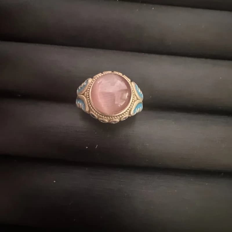 Cloisonne Pink Cat's Eye Stone Ring, Unisex Ethnic Style Inlaid Silver Retro Fashion Finger Jewelry