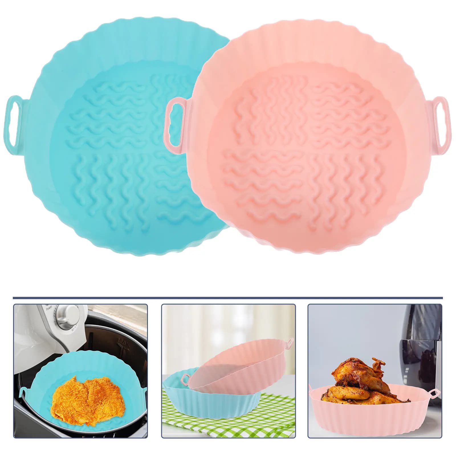 2 Pezzi Rivestimento Premium in Silicone per Friggitrice ad Aria, Riutilizzabile, Lavabile, Antiaderente, per Ali di Pollo, Hamburger, Pesce, Gamberetti, Colazione