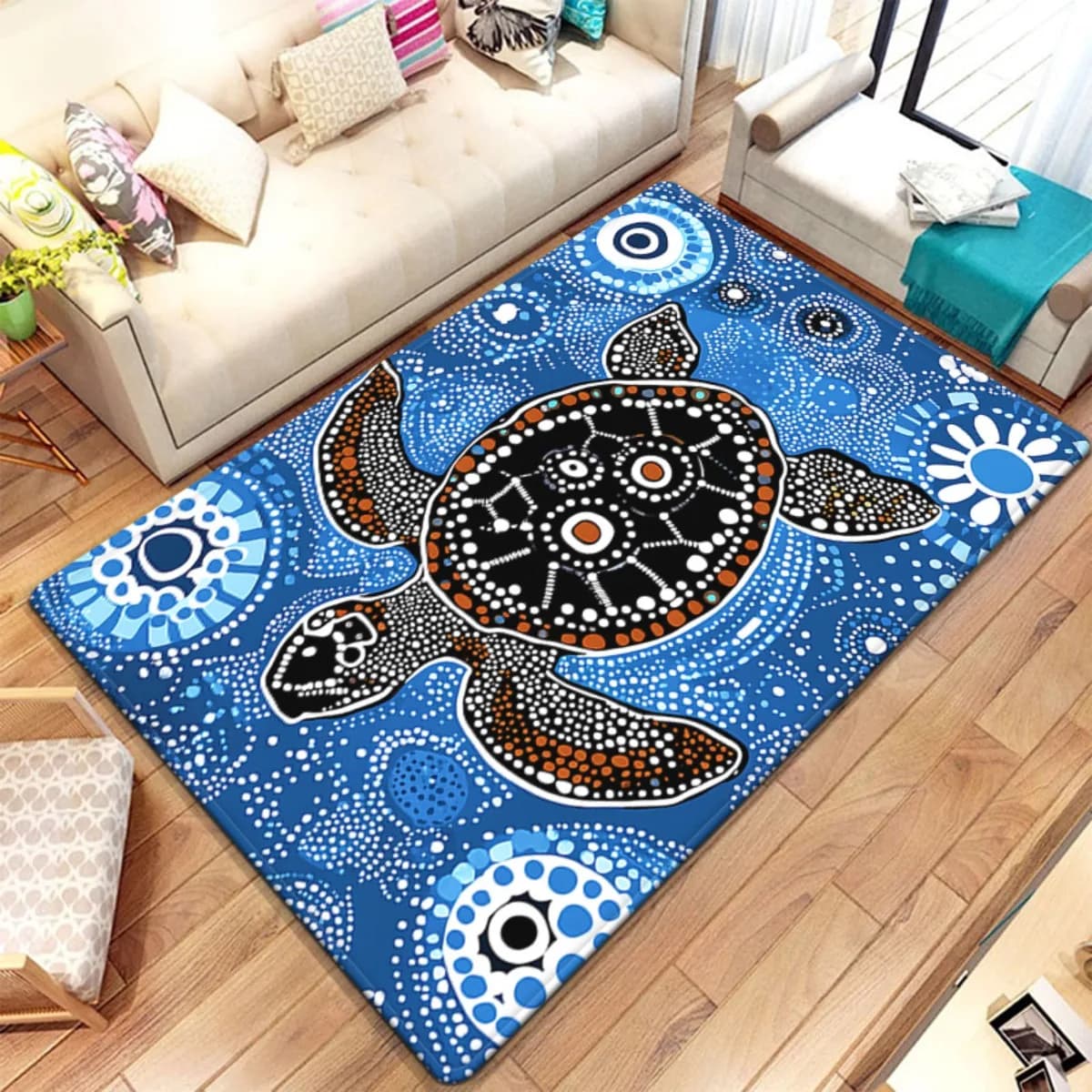 Tappeto in velluto di cristallo di arte aborigena tartaruga blu per soggiorno Tappetino moderno in stile Boho Stampa animalier Decorazioni per la casa Tappeto morbido