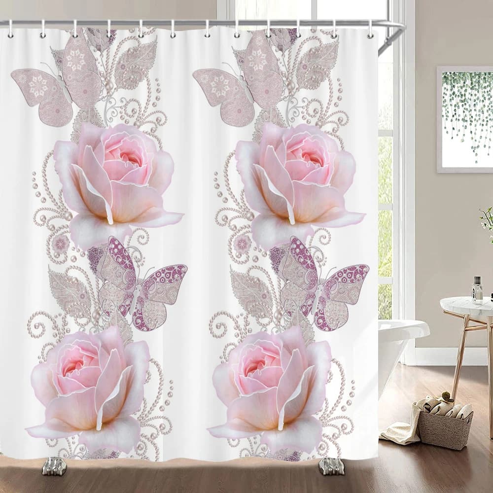 1 pezzo di tessuto impermeabile per tenda da doccia in poliestere stampato a fiori, elegante tenda divisoria per bagno con motivo floreale europeo