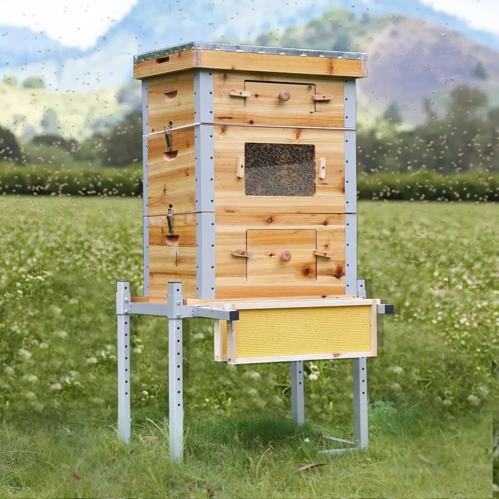 Alveare boxes, bee case with 3 layers metal structure with 10 frames and middle foundations and 20 deep, initial kit for honey alveare with Met