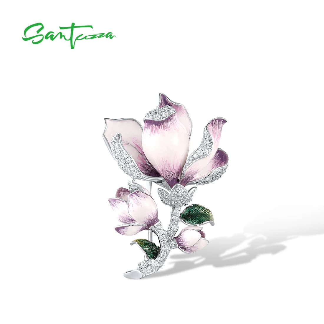 SANTUZZA Reale 925 Spilla In Argento Sterling per Le Donne Scintillante Bianco CZ Fiore Viola Alla Moda Del Partito Gioielleria Raffinata Smalto Fatto A Mano