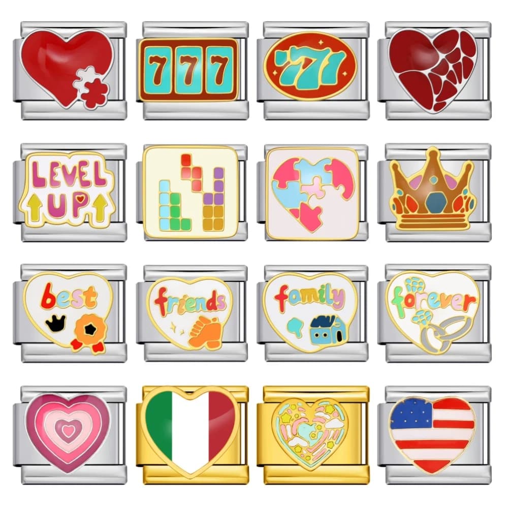 Smalto colorato alla moda ​ Gioco di carte degli scacchi Mappa del cuore Famiglia Bracciale italiano Link adatto per gioielli con ciondoli in acciaio inossidabile da 9 mm Creazione fai-da-te