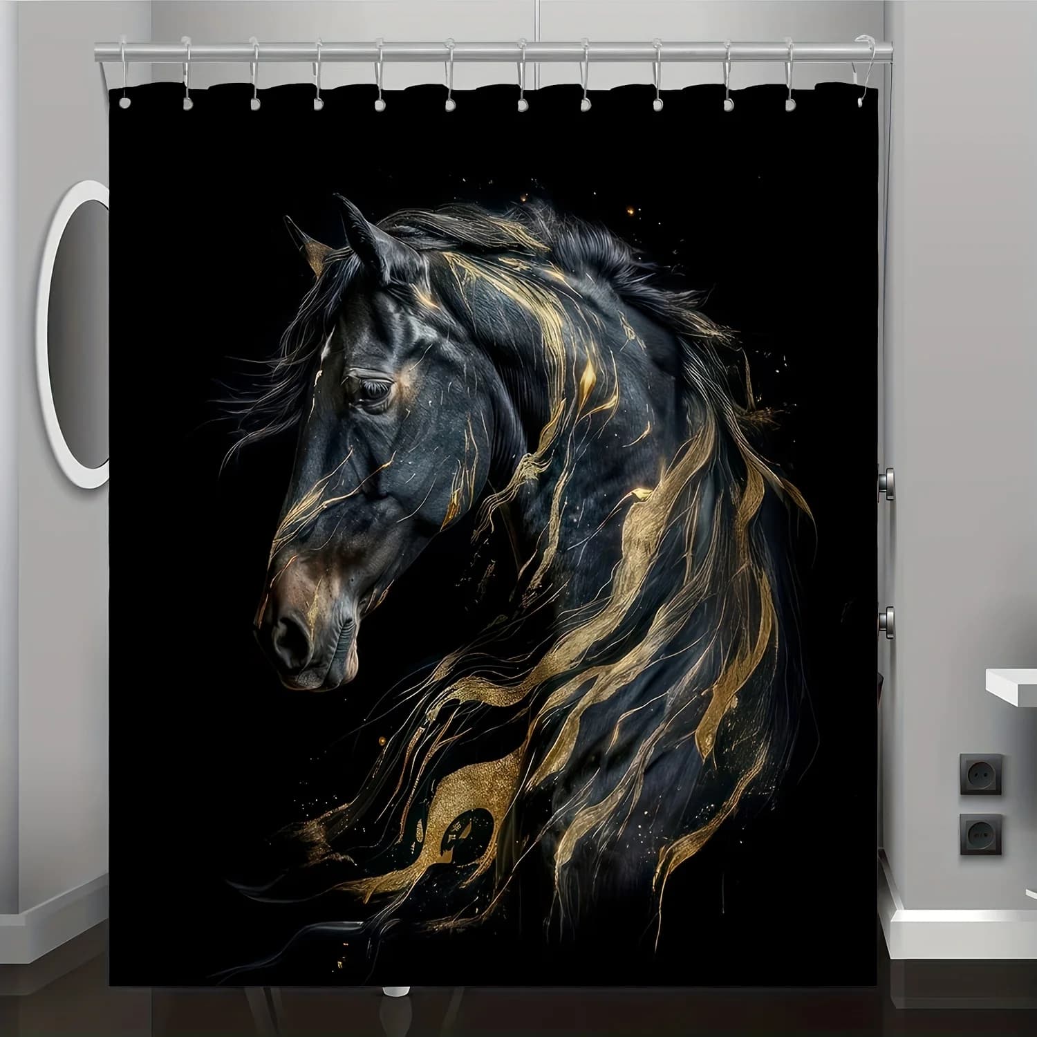 1 tenda da doccia con stampa digitale con motivo cavallo nero e dorato primavera/estate, decorazioni per la casa del bagno con ganci gratuiti, lavatrice in lavatrice