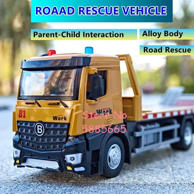31CM Simulation Electric Flat Transport Truck Vehicle Telescopic Trailer Lighting Sound Effect Open Door Alloy Road Rescue Truck