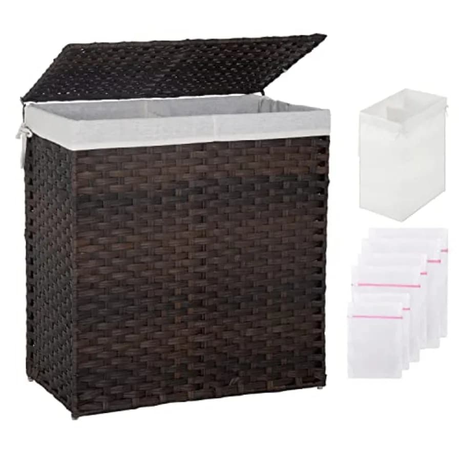 Basket Wall mounted 90L/110L, Rattan Folding Basket with Cover, 2 Removable Bags and 6 Fabric Waist Bags
