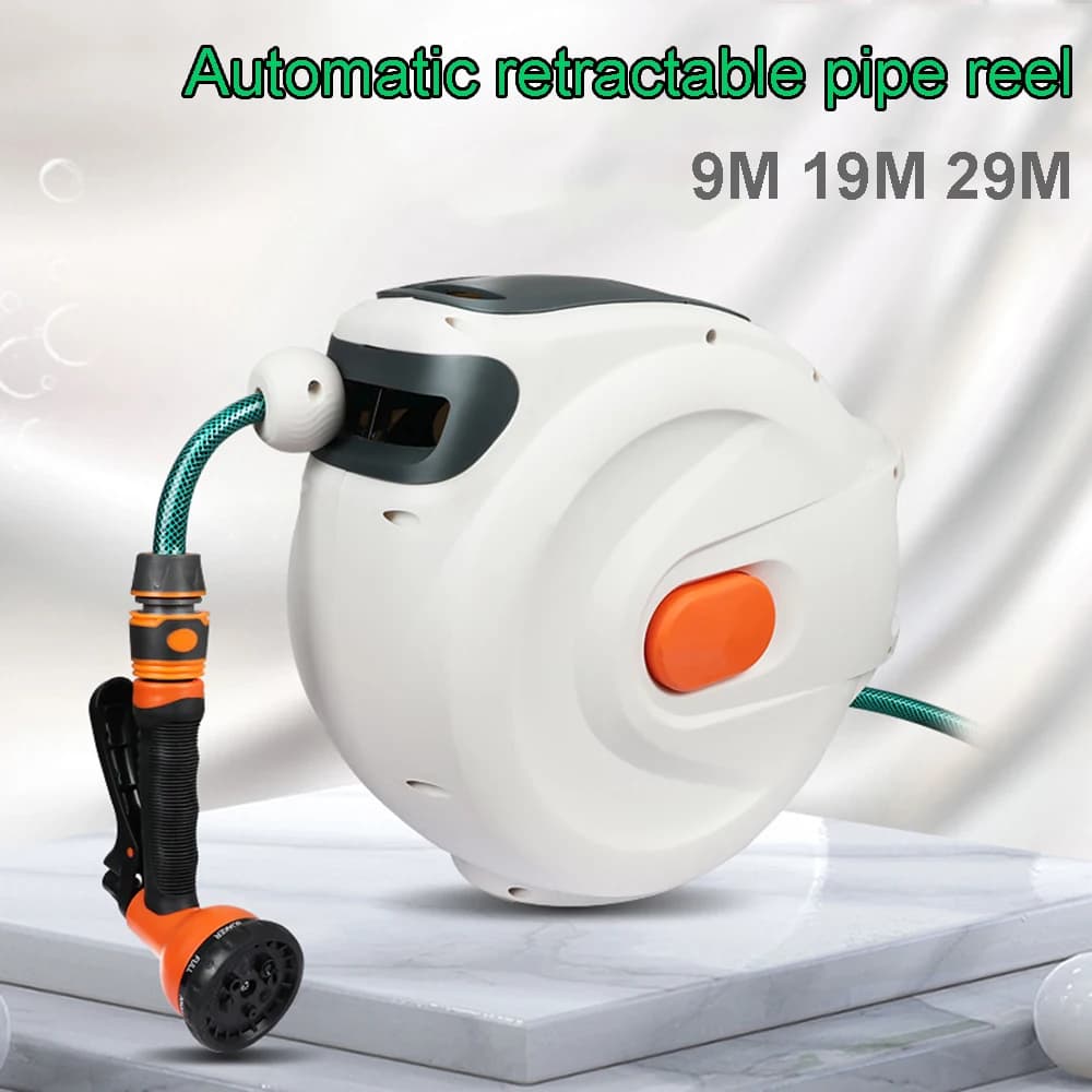 Avvolgitubo da Giardino Retrattile Professionale 9m con Staffa Girevole e Blocco per Ogni Lunghezza, Strumento per Pulizia Auto e Irrigazione Giardino