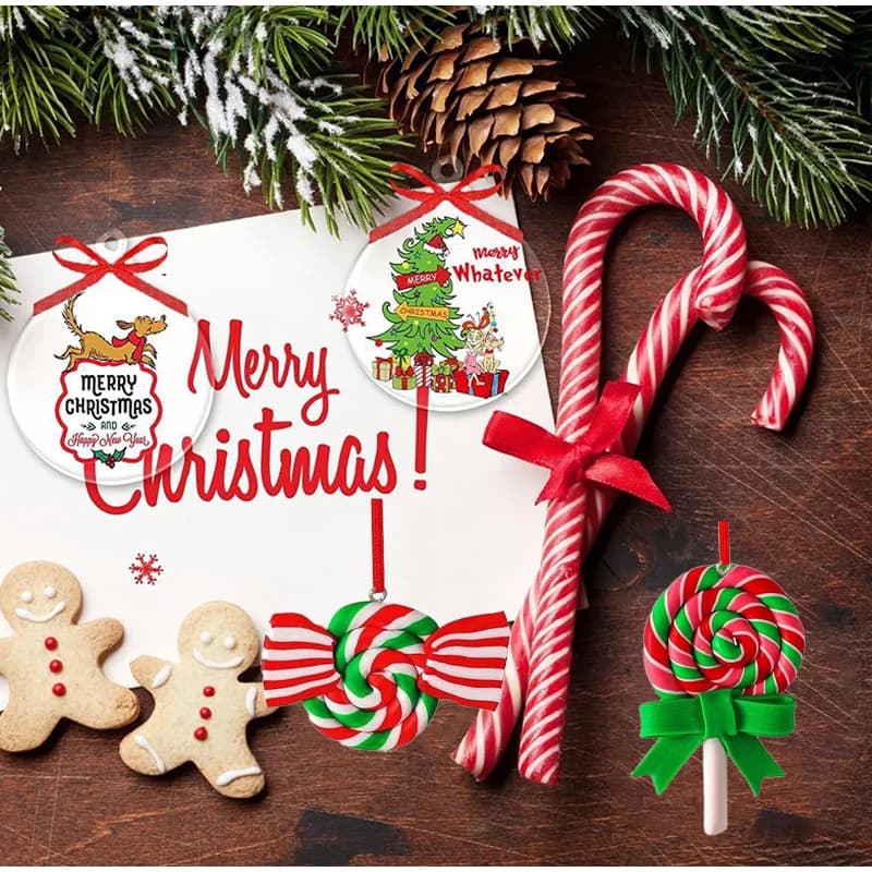16/32/48 pz Natale Lecca-lecca Ornamenti Legno Colorato Canna di Caramella Hangin Pendenti di Argilla Polimerica Pendenti Alla Menta Pepe Per L'albero di Natale