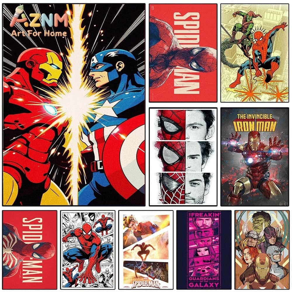 Iron Man VS Captain America Marvel Superhero Canvas Wall Art Spider‑Man Green Goblin Retro Comic Style Unframed Canvas Print for