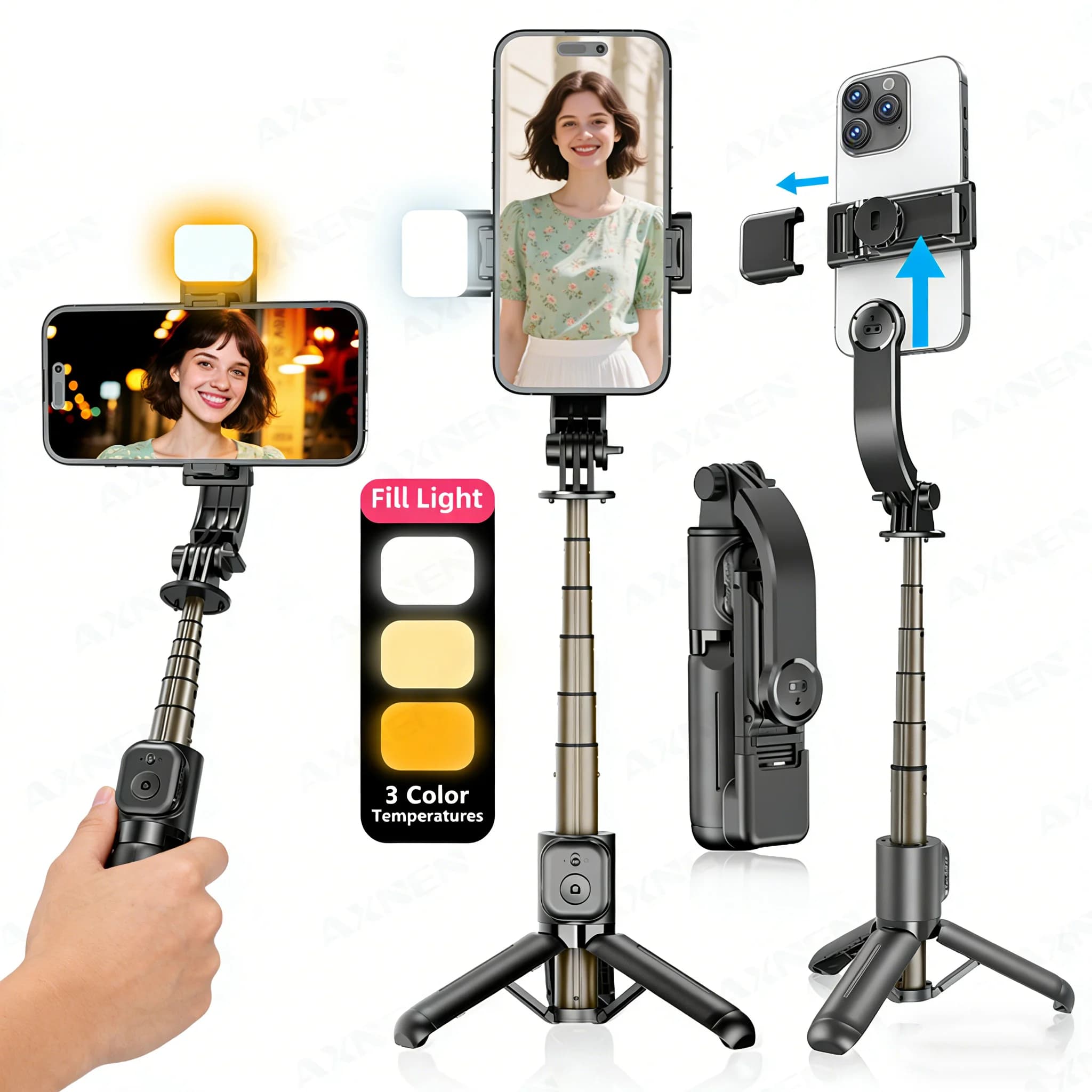 Treppiede per selfie a 360° ° Supporto Girevole Stabile Rimovibile per Riprese con Smartphone iPhone 15 16 Xiaomi Huawei, Portatile per Fotografia